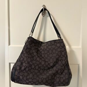 Coach Hallie handbag with signature Coach cloth in black and grey.